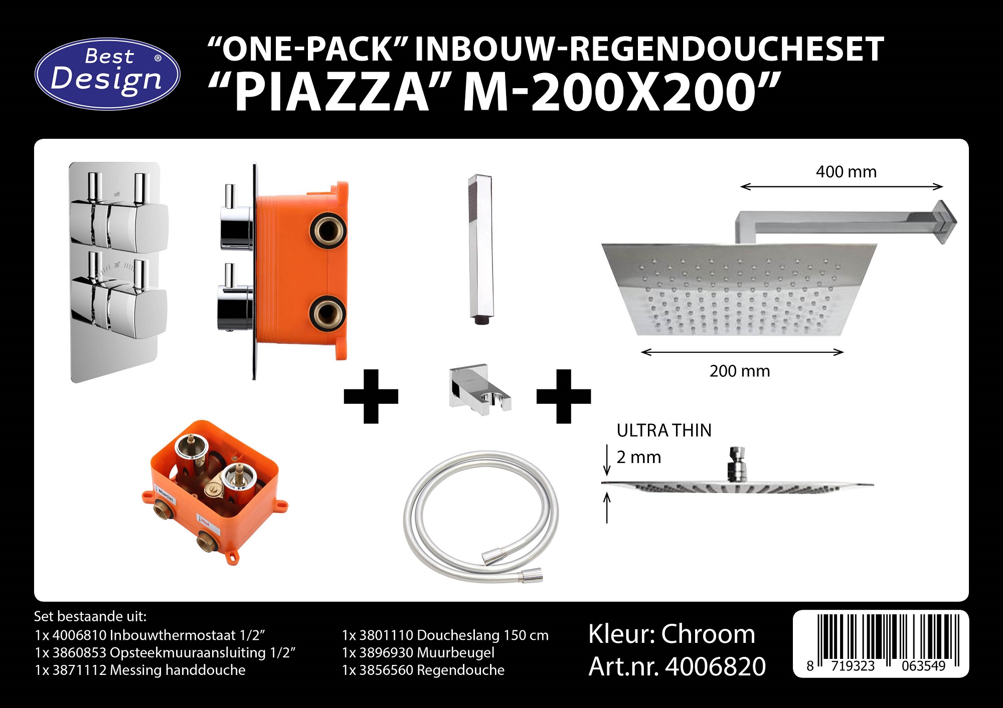 Best design one pack inbouw regendoucheset inb.box piazza vierkant m 200x200
