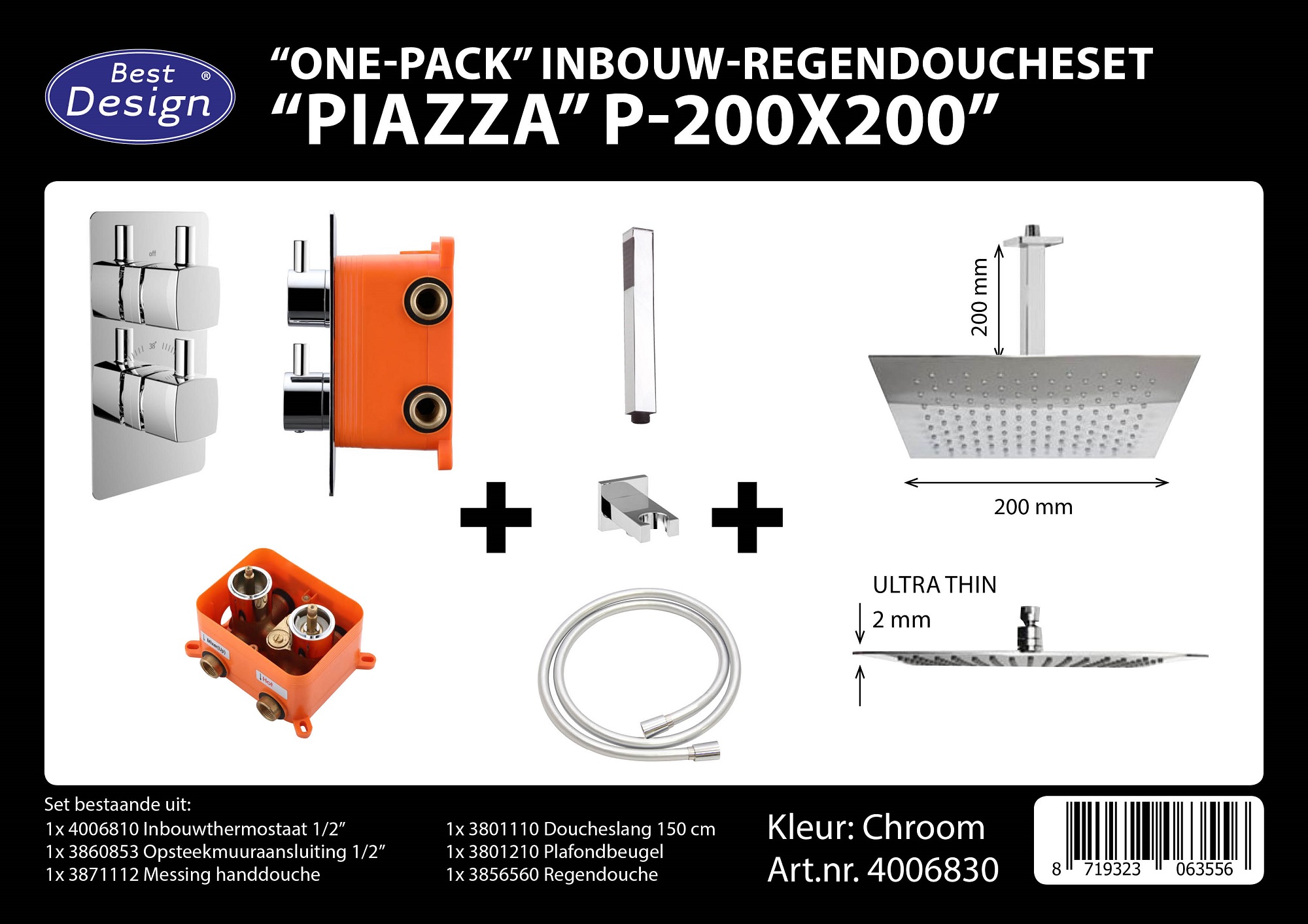 Best design one pack inbouw regendoucheset inb.box piazza vierkant p 200x200