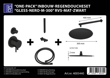 Best-design "one-pack" inbouw-regendoucheset "gless-nero m-300" rvs mat-zwart