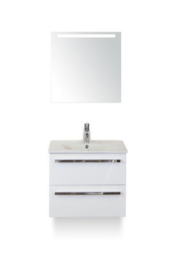 Amador badmeubelset 60cm wastafelkast 2 laden wit hoogglans, keramische wastafel enjoy en spiegel met één horizontale verlichtingsbalk (led)