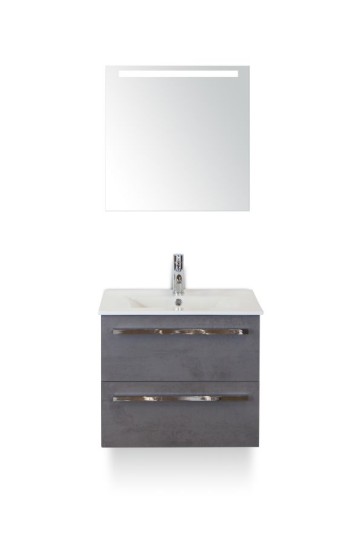 Amador badmeubelset 60cm wastafelkast 2 laden beton antraciet, keramische wastafel enjoy en spiegel met één horizontale verlichtingsbalk (led)