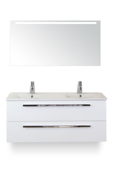 Amador badmeubelset 120cm wastafelkast 2 laden wit hoogglans, dubbele keramische wastafel enjoy en spiegel met één horizontale verlichtingsbalk (led)
