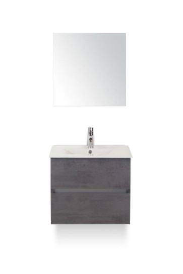 Lorencio badmeubelset 60cm wastafelkast 2 laden greeploos beton antraciet, keramische wastafel enjoy en spiegel