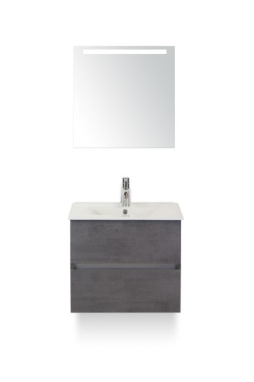 Lorencio badmeubelset 60cm wastafelkast 2 laden greeploos beton antraciet, keramische wastafel enjoy en spiegel met één horizontale verlichtingsbalk (led)