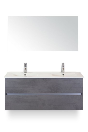 Lorencio badmeubelset 120cm wastafelkast 2 laden greeploos beton antraciet, dubbele keramische wastafel enjoy en spiegel