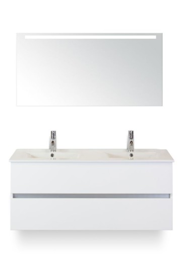 Lorencio badmeubelset 120cm wastafelkast 2 laden greeploos wit hoogglans, dubbele keramische wastafel enjoy en spiegel met één horizontale verlichtingsbalk (led)