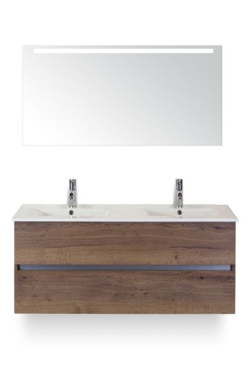 Lorencio badmeubelset 120cm wastafelkast 2 laden greeploos tabacco, dubbele keramische wastafel enjoy en spiegel met één horizontale verlichtingsbalk (led)
