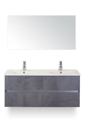 Lorencio badmeubelset 120cm wastafelkast 4 laden greeploos beton antraciet, dubbele keramische wastafel enjoy en spiegel