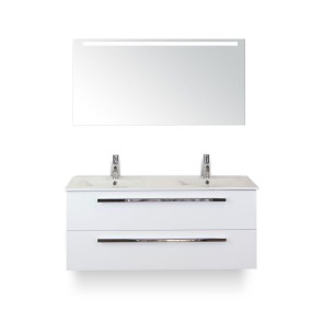 Amador badmeubelset 120cm wastafelkast 2 laden wit hoogglans, dubbele keramische wastafel enjoy en spiegel met één horizontale verlichtingsbalk (led)