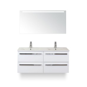 Amador badmeubelset 120cm wastafelkast 4 laden wit hoogglans, dubbele keramische wastafel enjoy en spiegel met één horizontale verlichtingsbalk (led)